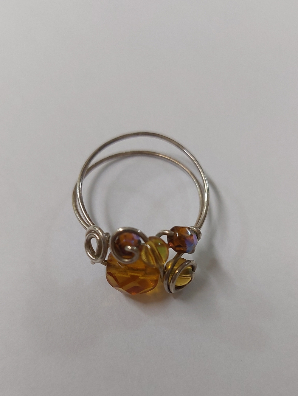 Silver Wire Ring with Amber and Golden Beads